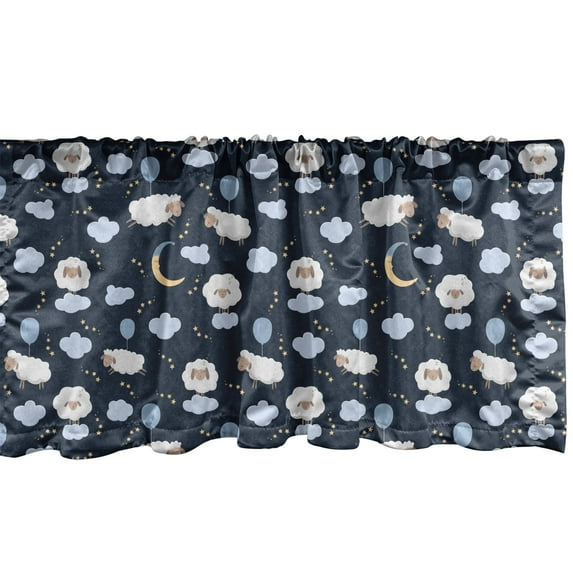 Ambesonne Cartoon Valance Pack of 2, Sleepy Time Moon Sheep Fun, 54"X12", Dark Night Blue and Beige