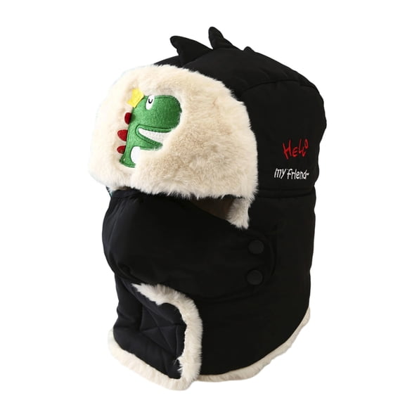 Cartoon Winter Hats Ski Cap for Girls Boys Windproof Thermal Fleece Trapper Hat with Earflap Face Warmer,Color:Black