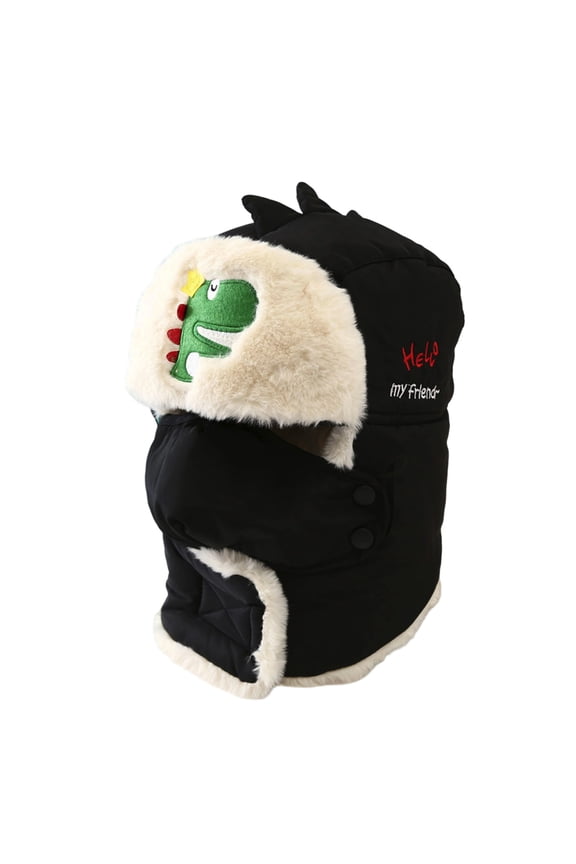 Cartoon Winter Hats Ski Cap for Girls Boys Windproof Thermal Fleece Trapper Hat with Earflap Face Warmer,Color:Black
