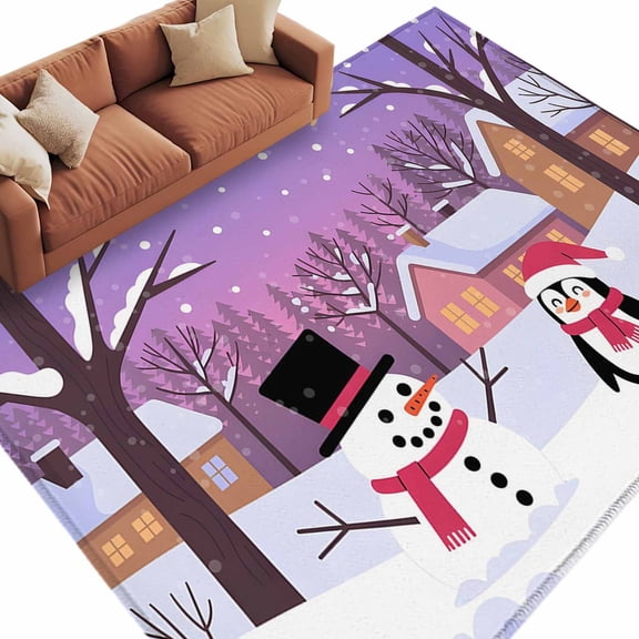 Cartoon Winter Snowman Area Rug 5x7ft Christmas Snowflakes Penguins Non-Slip Washable Square Rugs Soft Felt Indoor Floor Mat for Bedroom Kitchen Living Room Bathroom