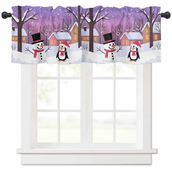 Cartoon Winter Snowman Valances for Windows, Christmas Snowflakes Penguins Light Filtering Window Treatment Valances, Rod Pocket Small Curtains for Kitchen/Bathroom, 60"x14"