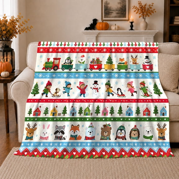 Cartoon Winter Train Animal Parade Snowflake Holiday Pattern Flannel Blanket For Holiday Fans, Cozy White Blue Home Decor For Bedroom Living Room Christmas Gift