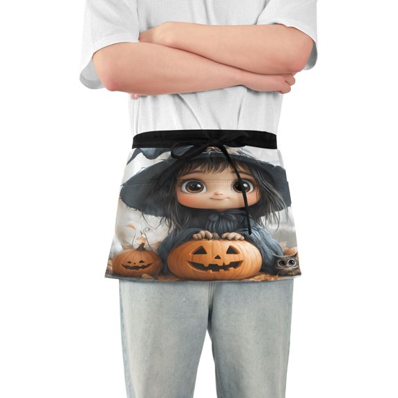 Cartoon Witch Owl Pumpkins Server Apron with 3 Pockets Waterproof Waitress Waist Short Apron for Man Woman 12 Inches