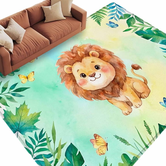 Cartoon Wolf Area Rug 5x7 Washable Rug Non Slip Summer Butterfly Fern Tropical Palm Plants Large Area Rug Soft Stainresistant Indoor Floor Carpet for Living Room Bedroom Office Dining Room Nursery