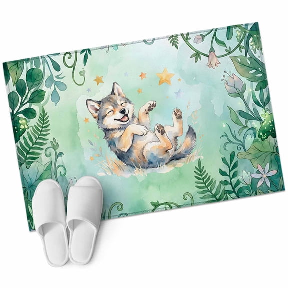 Cartoon Wolf Bathroom Rug Washable 2x3 Entryway Rug Non Slip Summer Flowers Tropical Palm Green Plants Front Door Mat Low Pile Indoor Doormat Throw Floor Carpet for Kitchen Bedroom Entrance