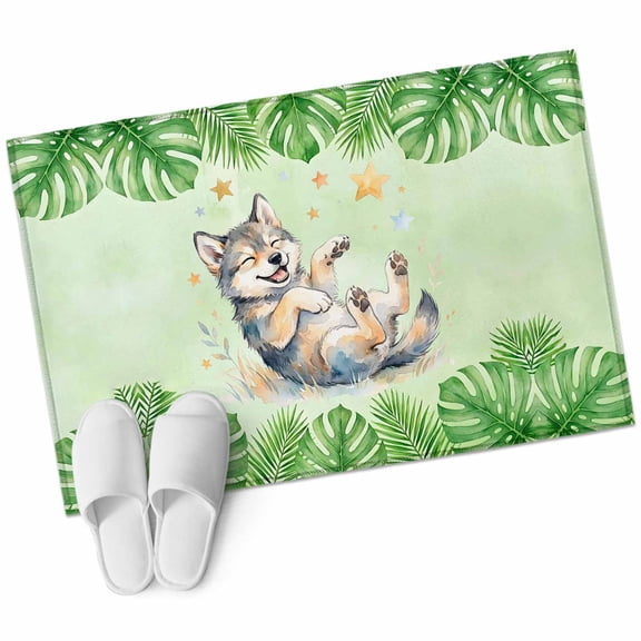Cartoon Wolf Bathroom Rug Washable 2x3 Entryway Rug Non Slip Summer Tropical Palm Green Plants Front Door Mat Low Pile Indoor Doormat Throw Floor Carpet for Kitchen Bedroom Entrance
