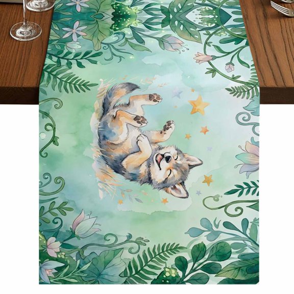 Cartoon Wolf Burlap Cotton Table Runner 13x36 Inches Short, Summer Flowers Tropical Palm Green Plants Farmhouse Table Runners, Outdoor Dining Tablecloths Decor for Baby Shower/Party/Wedding