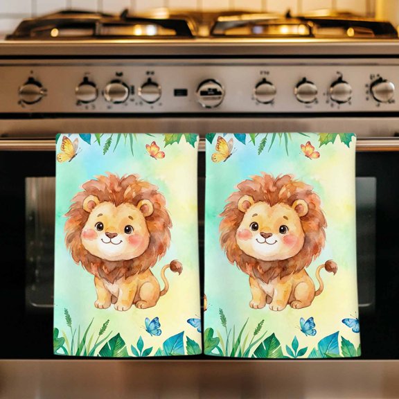 Cartoon Wolf Kitchen Towels Set of 1, Summer Butterfly Fern Tropical Palm Plants Absorbent Dish Towels for Kitchen, Microfiber Hand Towel, Quick Drying Tea Towel for Cleaning Decorative Dishcloths