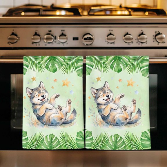 Cartoon Wolf Kitchen Towels Set of 1, Summer Tropical Palm Green Plants Absorbent Dish Towels for Kitchen, Microfiber Hand Towel, Quick Drying Tea Towel for Cleaning Decorative Dishcloths