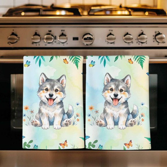 Cartoon Wolf Kitchen Towels Set of 4, Summer Butterfly Flowers Tropical Palm Plants Absorbent Dish Towels for Kitchen, Microfiber Hand Towel, Quick Drying Tea Towel for Cleaning Decorative Dishcloths
