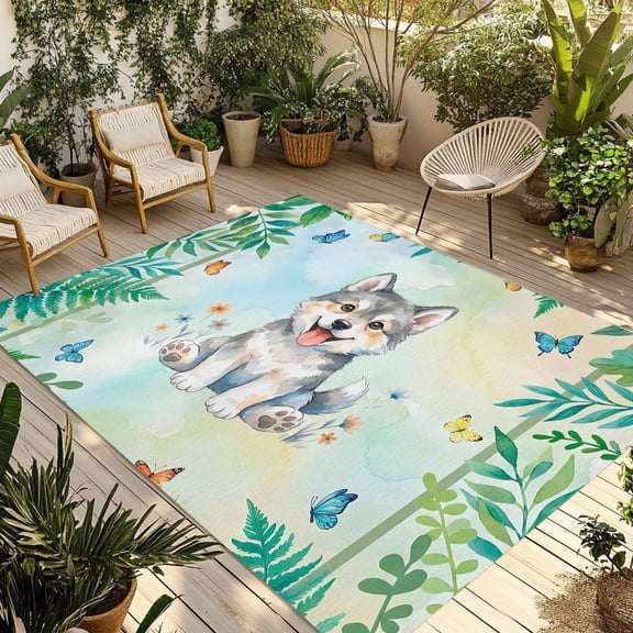 Cartoon Wolf Outdoor Rug for Patio/Deck/Porch, Non-Slip Large Area Rug 3 x 5 Ft, Summer Butterfly Flowers Tropical Palm Plants Indoor Outdoor Rugs Washable Area Rugs, Camping Rug Carpet Runner
