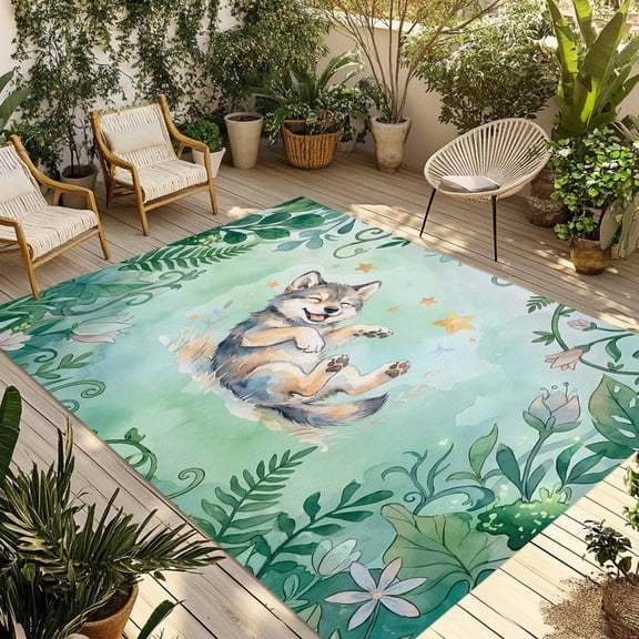 Cartoon Wolf Outdoor Rug for Patio/Deck/Porch, Non-Slip Large Area Rug 3 x 5 Ft, Summer Flowers Tropical Palm Green Plants Indoor Outdoor Rugs Washable Area Rugs, Reversible Camping Rug Carpet Runner