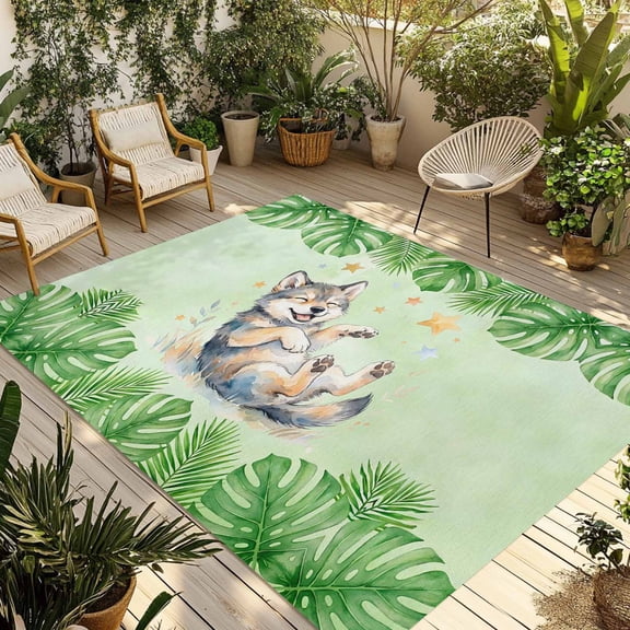 Cartoon Wolf Outdoor Rug for Patio/Deck/Porch, Non-Slip Large Area Rug 3 x 5 Ft, Summer Tropical Palm Green Plants Indoor Outdoor Rugs Washable Area Rugs, Reversible Camping Rug Carpet Runner