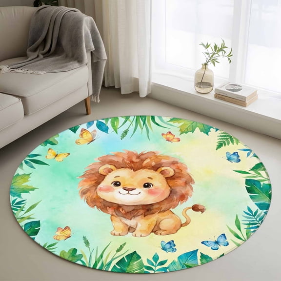 Cartoon Wolf Round Area Rug 3Ft Washable Small Circle Rugs for Kitchen Entryway, Summer Butterfly Fern Tropical Palm Plants Non-Slip Carpet Floor Mats Indoor Outdoor Carpet Runner Home Decor