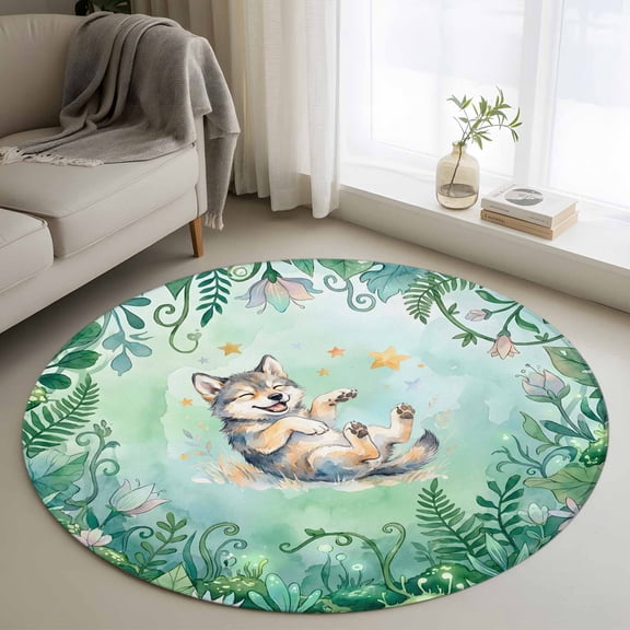 Cartoon Wolf Round Area Rug 3Ft Washable Small Circle Rugs for Kitchen Entryway, Summer Flowers Tropical Palm Green Plants Non-Slip Carpet Floor Mats Indoor Outdoor Carpet Runner Aesthetic Home Decor