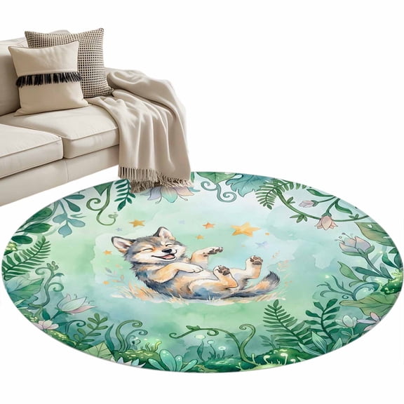Cartoon Wolf Round Rug 3ft Washable Circle Entryway Rugs Non Slip Summer Flowers Tropical Palm Green Plants Area Rug Indoor Floor Carpet for Bedroom Kitchen Living Room Office Dining Room Nursery