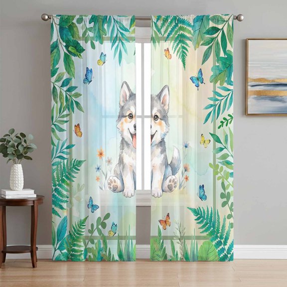 Cartoon Wolf Sheer Curtains 108 Inch Length 2 Panels Set, Summer Butterfly Flowers Tropical Palm Plants Voile Window Treatment Semi Sheer Long Curtains for Bedroom/Living Room/Kitchen 52"x108"x2