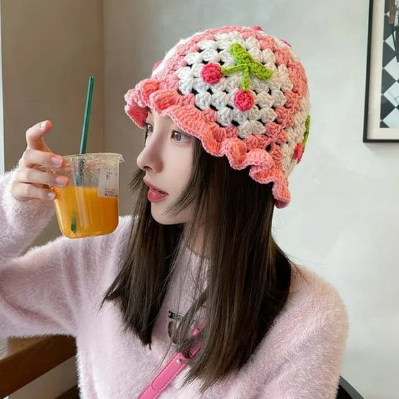 Cartoon Woolen Hat Cherry Applique Knit Hat Candy Color Children Headwear Bucket Hat Kids Photography Crochet Hat Birthday Parties Outdoor Cap