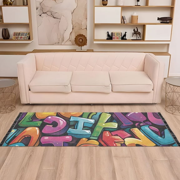 Cartoon Words Runner Rug Non-Slip Area Rugs Linen Washable Non Shedding for Kitchen Bedroom Carpet