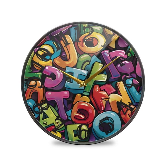 Cartoon Words Wall Clock 10 Inch Silent Non Ticking Battery Operated Easy to Read for Kitchen Living Room