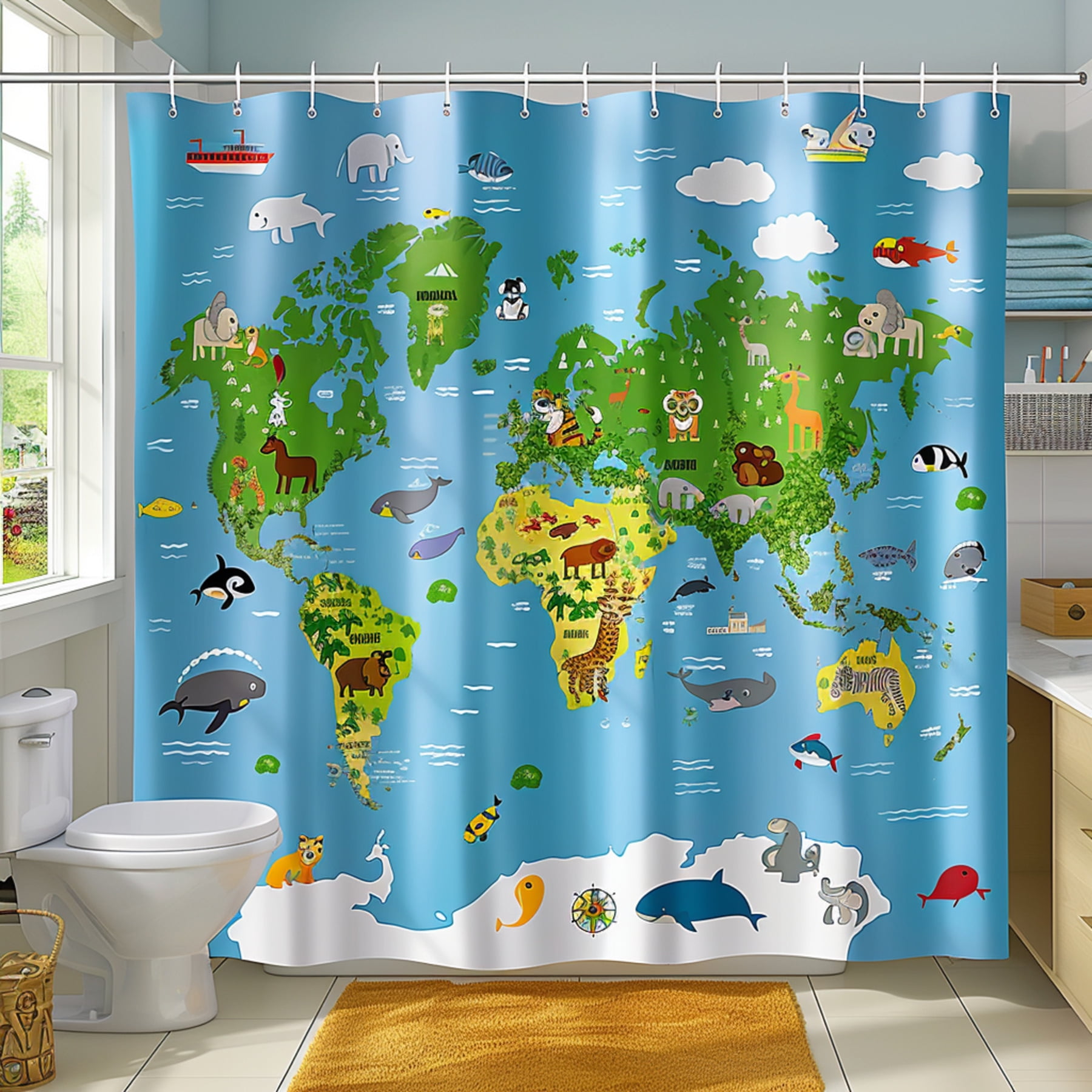 Cartoon World Map Shower Curtain for Kids Bathroom Cute Animals and Sea Creatures Blue ...
