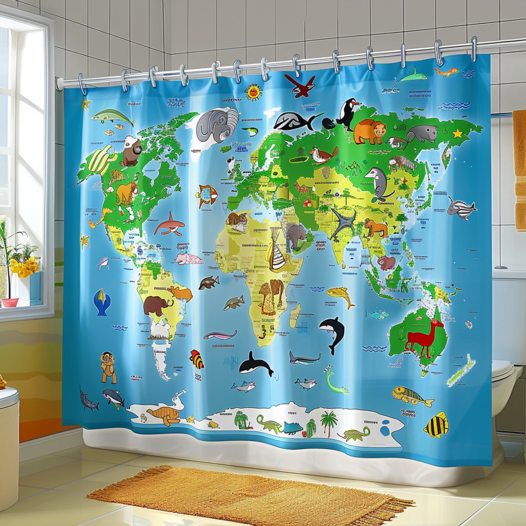 Cartoon World Map Shower Curtain for Kids Bathroom Cute Animals and Sea ...