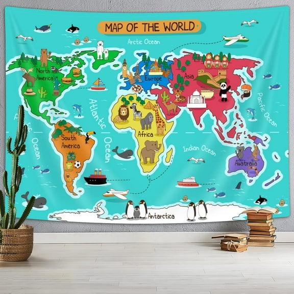 Cartoon World Map Tapestry Wanderlust, Cartoon Animal Mountains Forests World Map for Children and Kids Tapestry Wall Hanging, Wall Blankets Home Decor Beach Towel TV Background Panels 60X40IN
