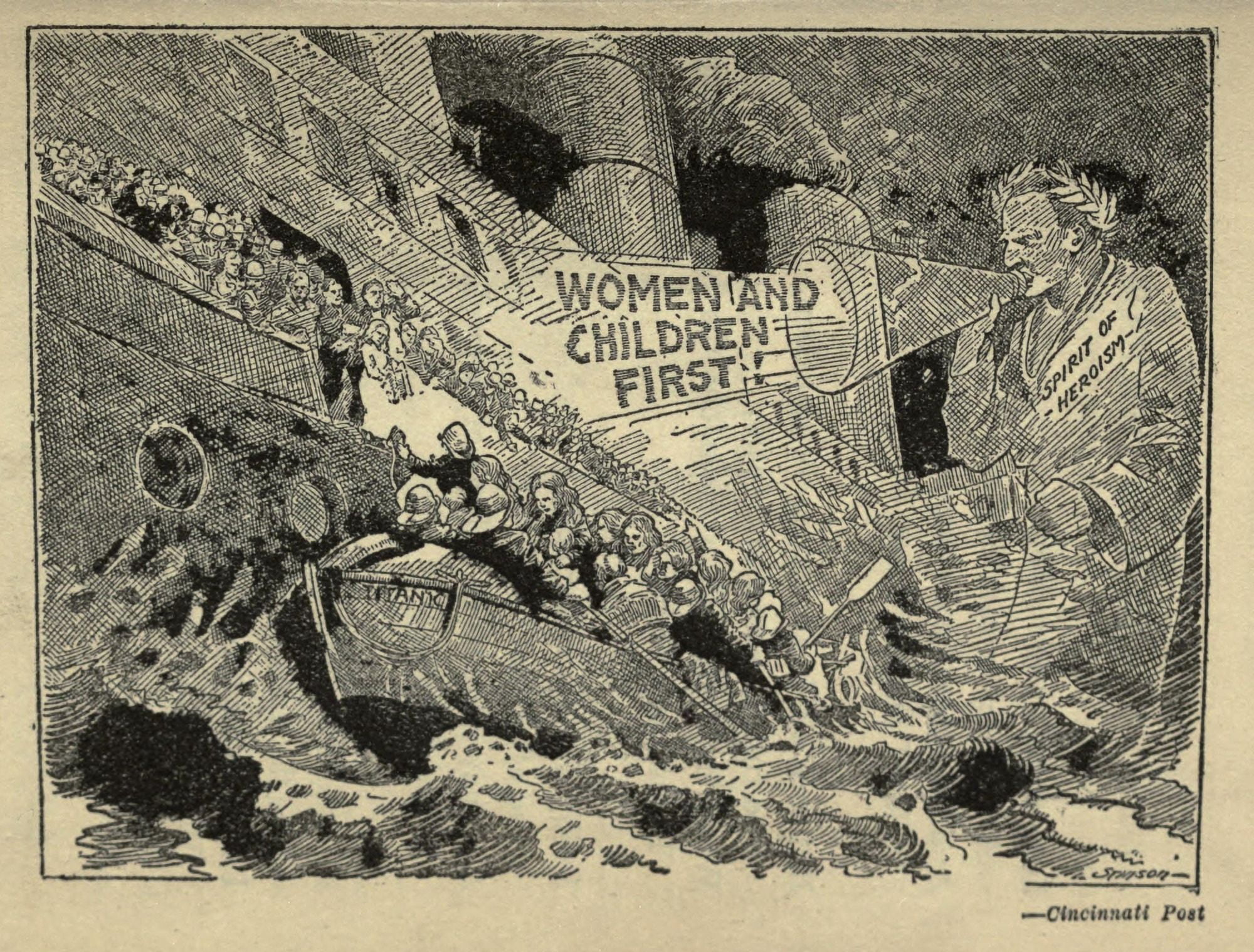 Cartoon Wreck & Sinking of the Titanic 1912 Women and children first Canvas Art - (18 x 24)