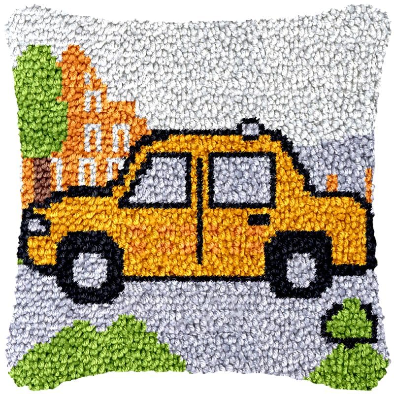 Cartoon Yellow Car Latch Hook Pillow Cover Kits for DIY Handmade Throw Pillow Cross Stitch Latch Hook Pillowcase Rug Kits with Preprinted Color Pattern Canvas Crochet Yarn Kits 17''X 17''(ch184)