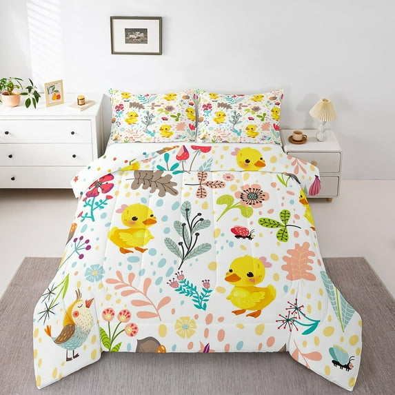 Cartoon Yellow Duck Comforter Set Cute Duck Bedding Set ,Kawaii Floral Animal Bed Comforter Set Woodland Leaves Flowers Butterfly Quilt Duvet 1 Pillow Case