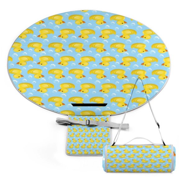 Cartoon Yellow Duck Pattern Large Round Picnic Outdoor Blanket,Waterproof Foldable Blankets Picnic Mat for Beach, Camping