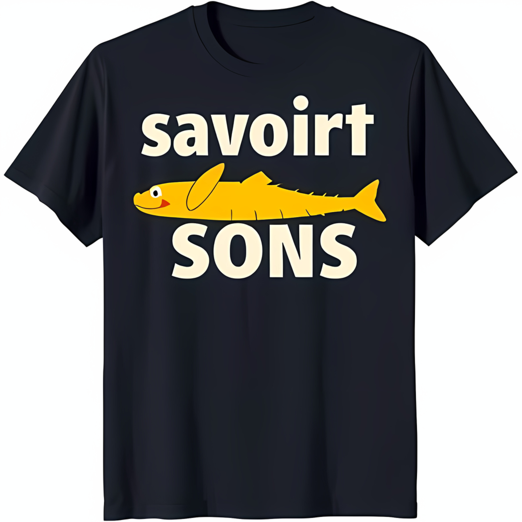 Cartoon Yellow Fish with Red Mouth & 'Savoirt Sons' Soft Black TShirt