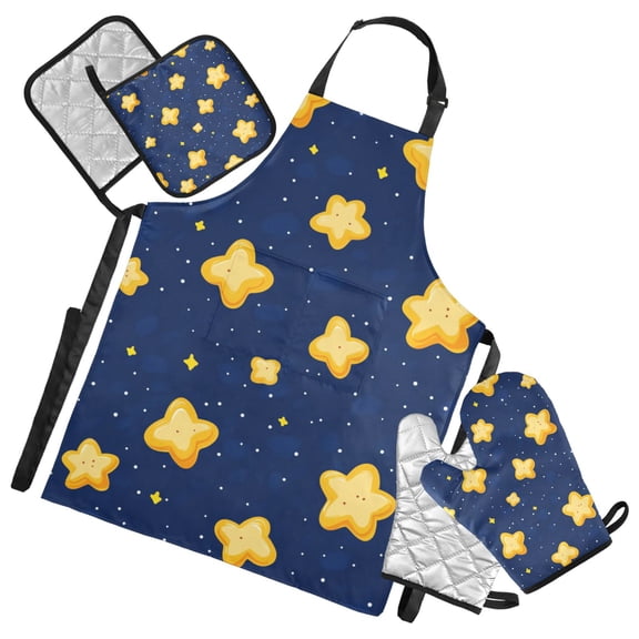 Cartoon Yellow Star Oven Mitts and Pot Holders with Chef Apron Set 5 Pcs Kitchen Cooking Set