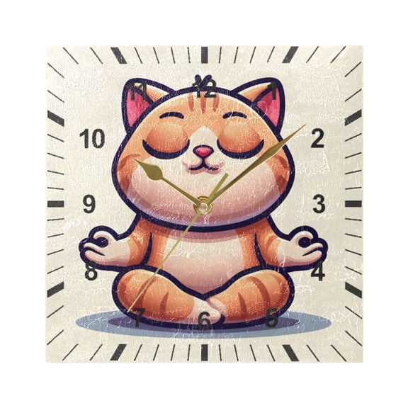 Cartoon Yoga Cat Wall Clock Battery Operated Silent Non-Ticking Bedroom Office Kitchen Home School Decor 7.8"(Gold)