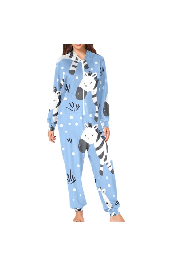 Cartoon Zebras on Grassland Adult's Hoodie Onesie Jumpsuit One-Piece Pajamas with Zipper Unisex for Holiday XL