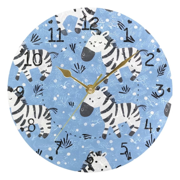 Cartoon Zebras on Grassland Round Wall Clock Silent Analog Battery Operated Gold Pointer Home Decor 9.84" Diameter