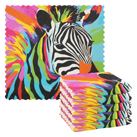 Cartoon Zebras with Colorful Stripes Dish Cloths Dish Towels Cleaning Cloths Quick Drying Reusable 11" x 11" Set of 6