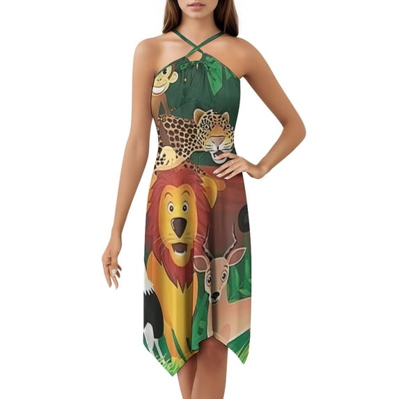Cartoon Zoo Dress Elegant Party Dresses Evening Dresses Women Dress Long Dresses Sleeveless Dress Ladies Dresses