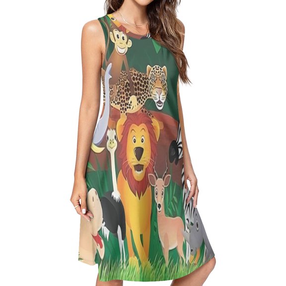 Cartoon Zoo Spring Summer Dresses for Women Fashion T-shirt Dress Casual Sleeveless Loose Sundress with Pockets