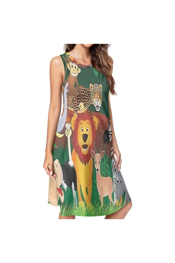 Cartoon Zoo Spring Summer Dresses for Women Fashion T-shirt Dress Casual Sleeveless Loose Sundress with Pockets
