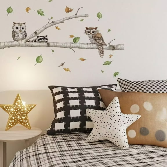 Cartoon birch tree stickers, raccoon owl wall stickers, children's room and living room home decoration wall stickers Peel and Stick Wall Art Decals for Living Room Bedroom TV Wall
