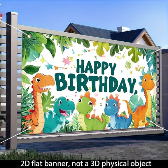 Cartoon dinosaur-themed birthday banner, indoor and outdoor party decoration background cloth, 71x43 inches, birthday wall flag hanging, jungle leaf and colorful flag star design, suitable for family