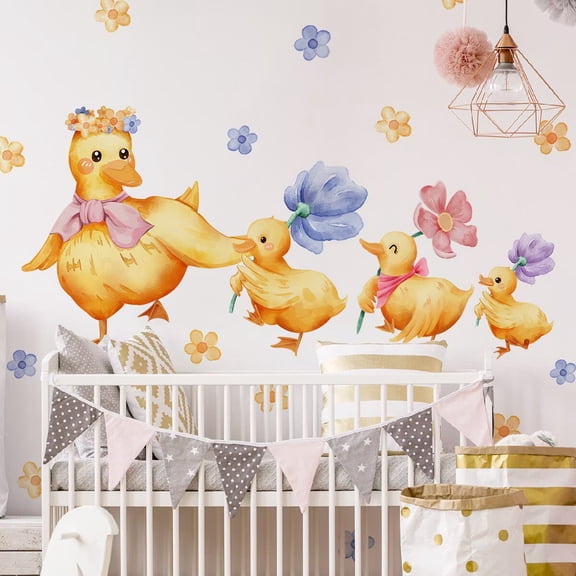 Cartoon duck Wall Decal Kids, duck Farm Animal Decal Set for Nursery, Baby Girl Boy Bedroom Stickers Peel and Stick, Watercolor Playroom Decoration