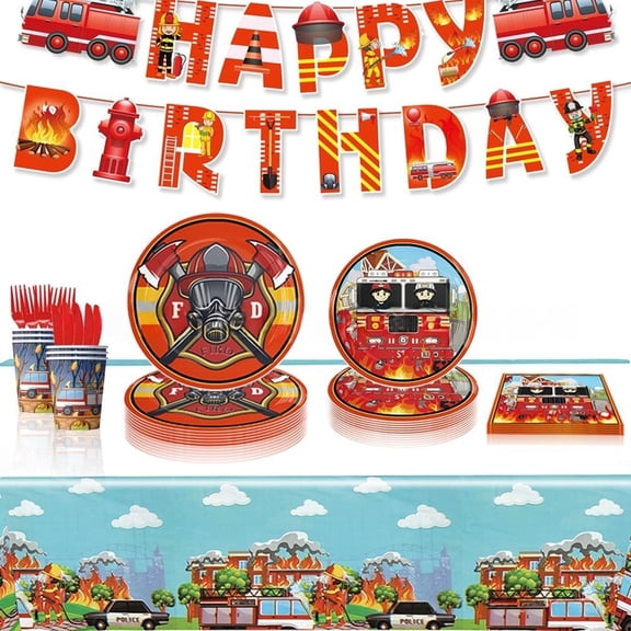 Cartoon fire truck themed children's birthday party supplies, the red cartoon fire truck birthday party set includes a banner, tablecloth and disposable tableware.