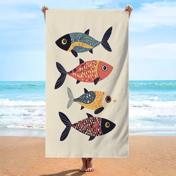 Cartoon fish pattern beach towel, simple wind, essential for beach and seaside, quick-drying and good water absorption quality, suitable for yoga, diving, summer travel, vacation, bathroom decoration