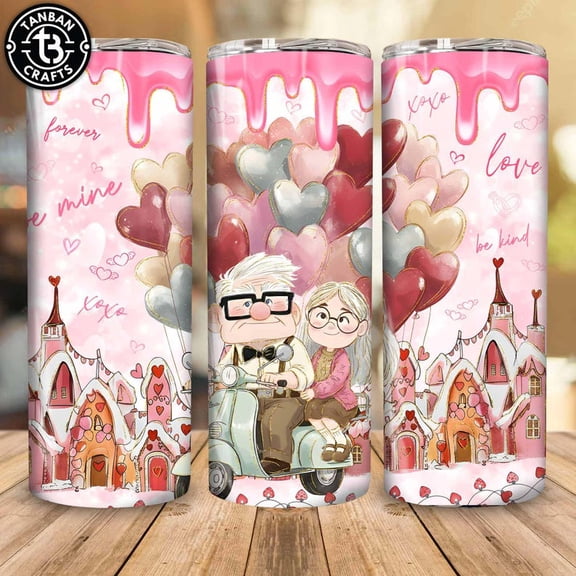 Cartoon image of a couple holding Tarot cards for Valentine's Day mugs; balloon sticker for decorating a slim 20oz Valentine's Day mug.