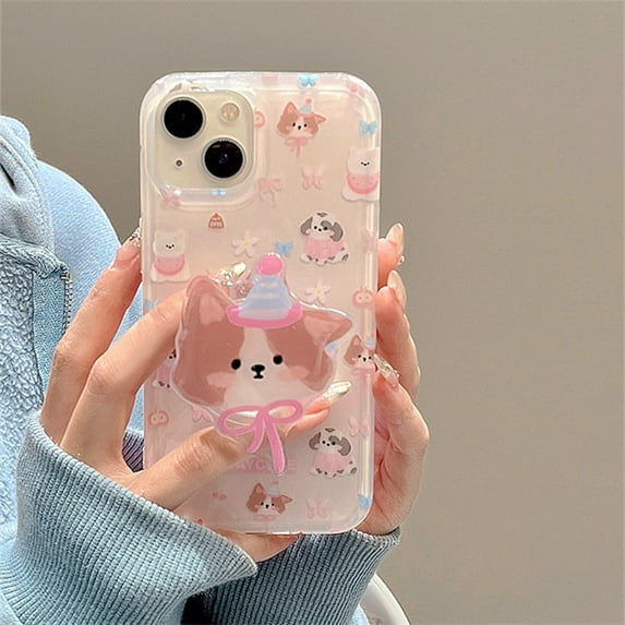 Cartoon jelly pink puppy Holder phone case for iPhone 15 14 13 12 Pro Max 11 cute clear cover girl shockproof anti-drop shell