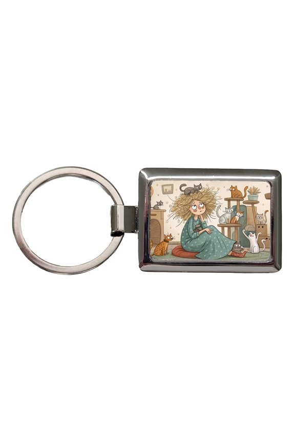Cartoon of Crazy Cat Lady Home Metal Rectangle Keychain