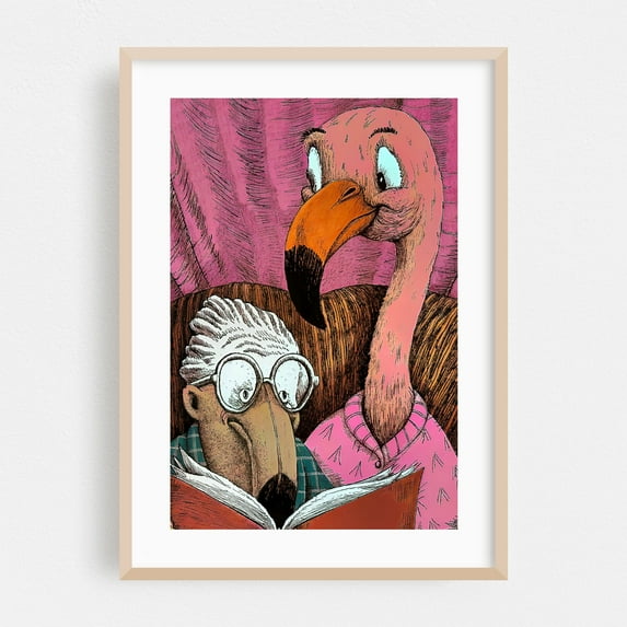 Cartoon of an old flamingo reading a book - Illustration Flamingo Humor Bird Animal Whimsical Surrealism Pop Art Oak Framed Wall Art Print 5 x 7 inches