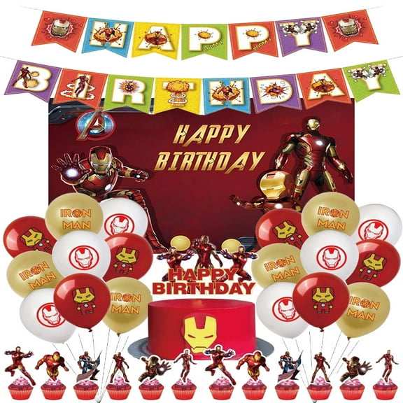Cartoon party supplies, Iron Man birthday party decorations including happy birthday banner, balloons, cake topper, backdrop